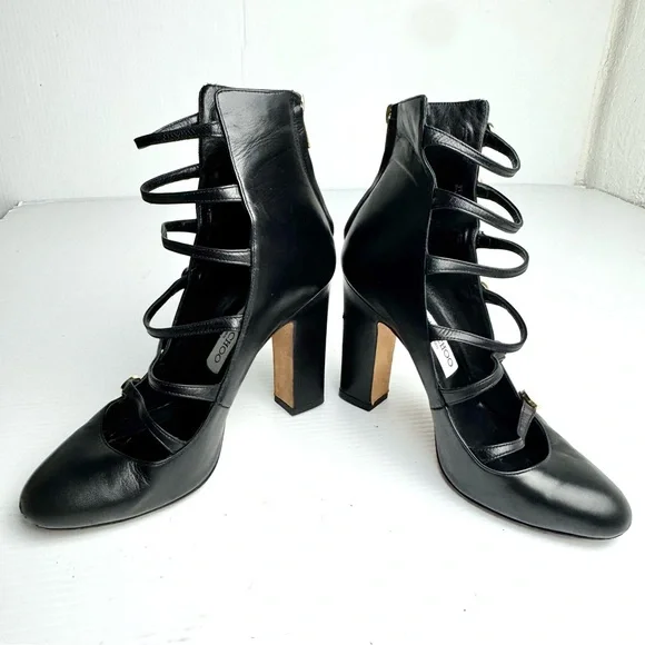 Jimmy Choo Venice black leather multi strap 100 MM pump size 7
